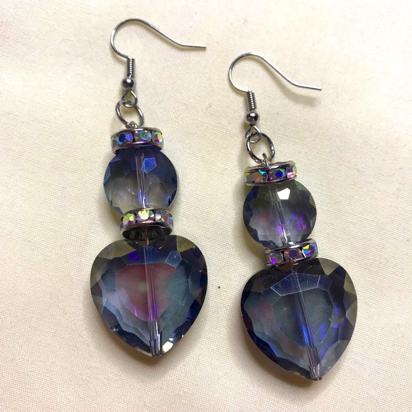 Blue Crystal Heart S925 Silver Chain Necklace Drop Earrings Jewelry Set handmade - Picture 3 of 3